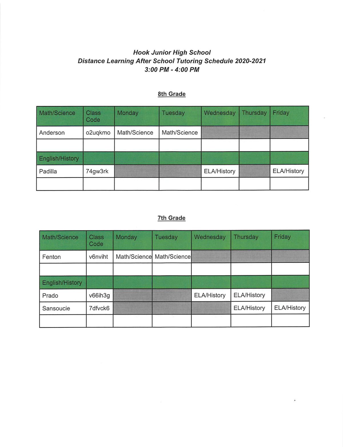 Hook Junior High Tutoring Schedule SinglePostsNEWS