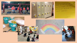 collage of pictures kids, lockers, locker notes, rainbow in chalk on sidewalk
