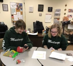 Two students sitting at a desk working