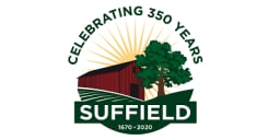 Logo of Suffield 350th Anniversary; barn and tree with sun in backdrop