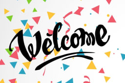 Welcome text displayed on a vibrant background of colorful confetti.