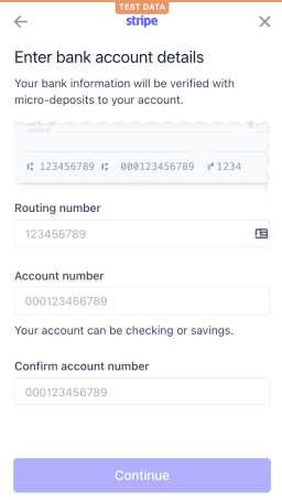 image of where the parent enter's their account and routing number