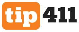 Orange and white logo for Tip 411