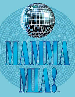 A mirror ball against a blue background with the Mama Mia logo below it.