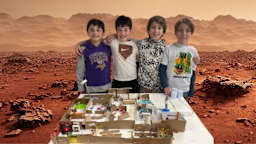 student team with Mars colony, Mars landscape background
