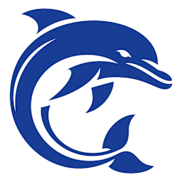 Stylized blue dolphin logo featuring a large dolphin encircling a smaller dolphin, both formed with…