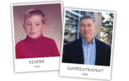 Two photos of Superintendent Gdowski, one as a kindergartner and one as current superintendent