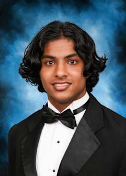 A young man with curly dark hair and a warm smile, dressed in a formal black tuxedo, stands against a vibrant blue background.