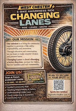 Join us for a community E-Bike Safety Awareness Ride focused on education, safety, and responsible riding for youth and families in West Chester. August 15th 2026, 10:00 AM- 12:30 PM, Everhart Park-West Chester, PA