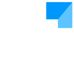 A white incomplete circle forms the background, with a blue L-shaped figure in the upper right foreground.