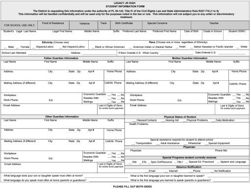 Student Information Form Legacy Jr High School