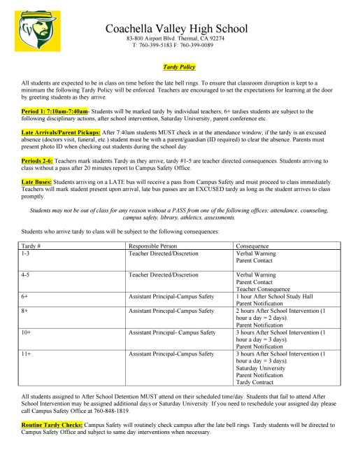 Tardy Policy 2018 2019 Coachella Valley High School