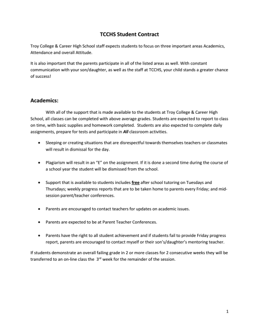 Student Contract Code Of Conduct Troy College And Career High School