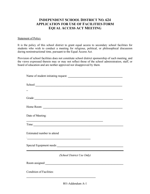 Application Form And Equal Opportunities Addendum Form, 801 Addendum A Application For Use Of Facilities Form Equal Access Act Meeting, Application Form And Equal Opportunities Addendum Form