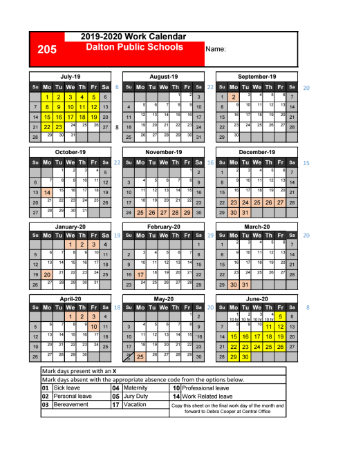 Employee Work Calendar Dalton Public Schools