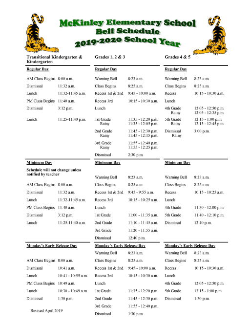 Bell Schedule Mckinley Elementary School