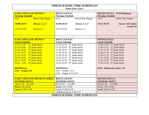 Bell Schedule North Elementary School