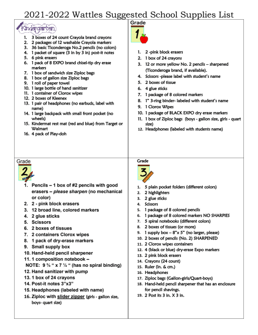 2019 2020 School Supply List Wattles Elementary School