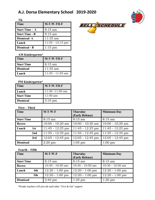 Bell Schedule Dorsa Elementary