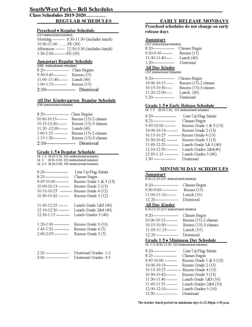 Bell Schedule South West Park Elementary School