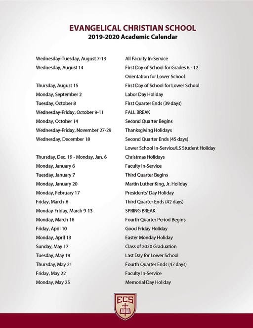 Calendars Evangelical Christian School