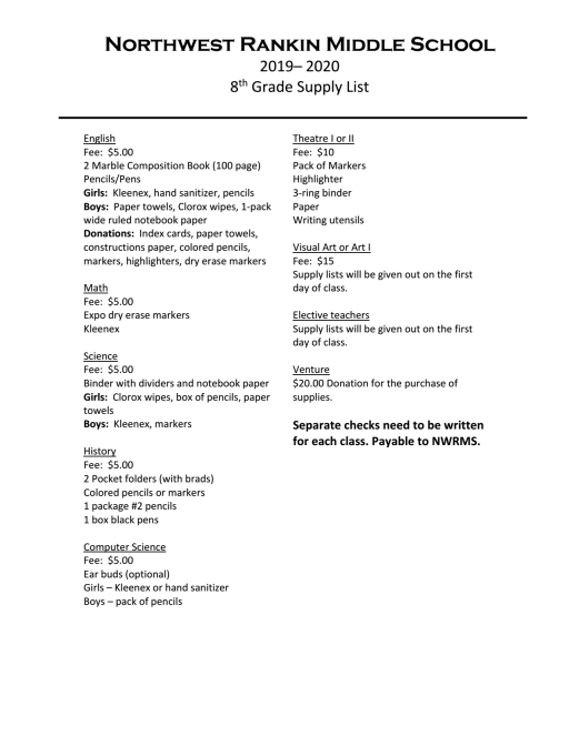 Northwest Middle School Supply List 2022