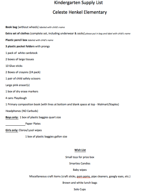 2019 2020 School Supply Lists Celeste Henkel Elementary School