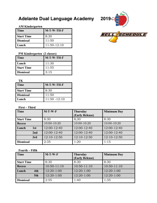 Bell Schedule Adelante Academy