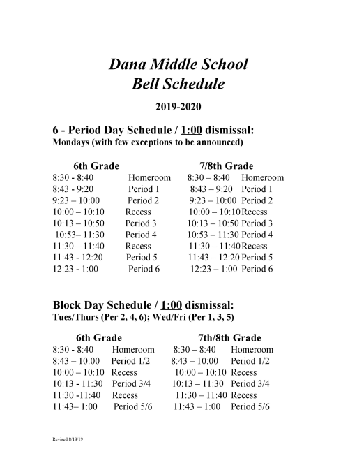 Bell Schedule R H Dana Middle School