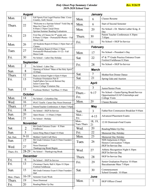 Summary Calendar 19 20 Holy Ghost Prep