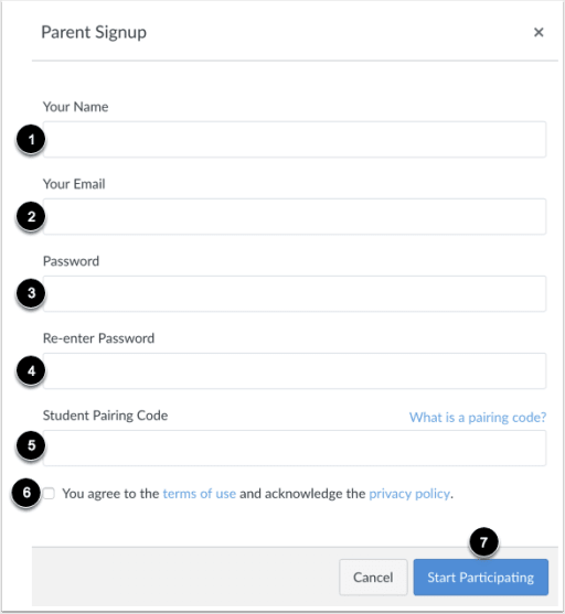 to create a parent account fill out the fields on the page