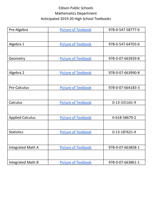 High School Math Textbook Isbn Information Public Schools Of