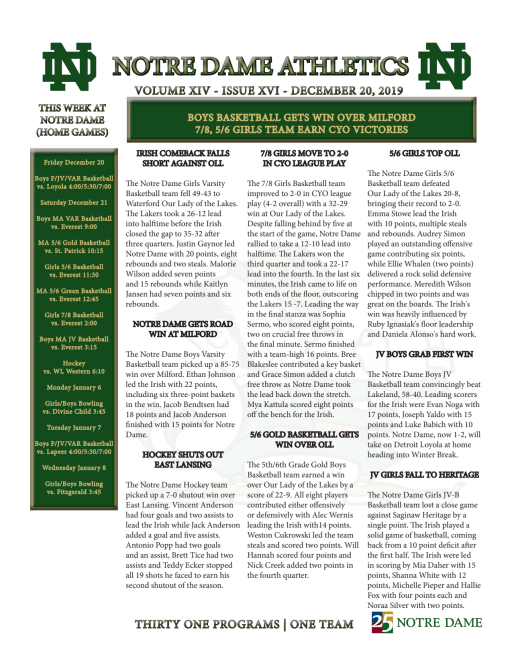 Newsletter Catholic School Notre Dame Pre K 12 Oakland