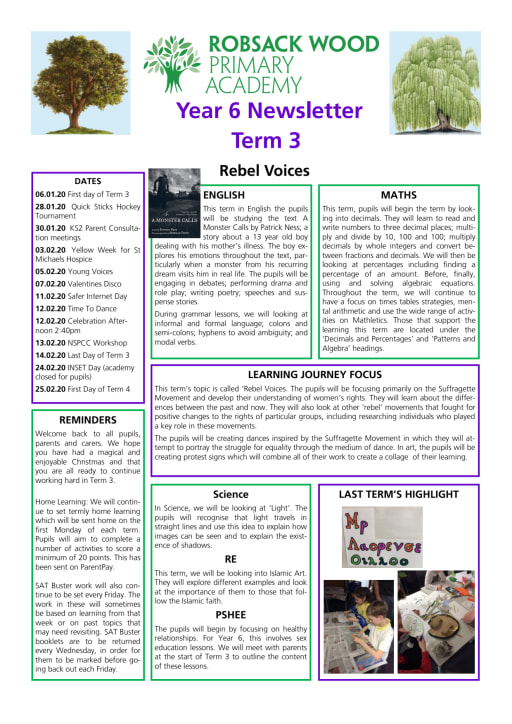 Year 6 Newsletter Term 3 Newsletter Details Robsack Wood