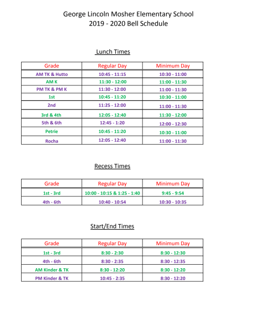 Bell Schedules George Lincoln Mosher Elementary School