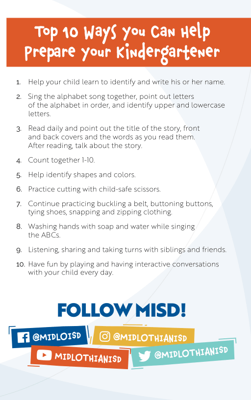 Kindergarten Parent Resources Midlothian School District Kindergarten Parent Resources Midlothian School District