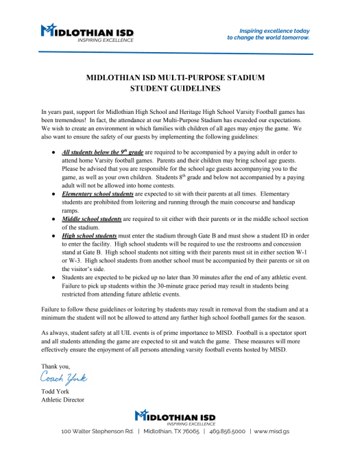 Multi Purpose Stadium Rules Midlothian School District