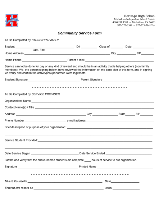 HHS Community Service Form - Midlothian School District