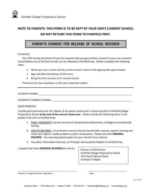 Records Release Form Fairfield Prep