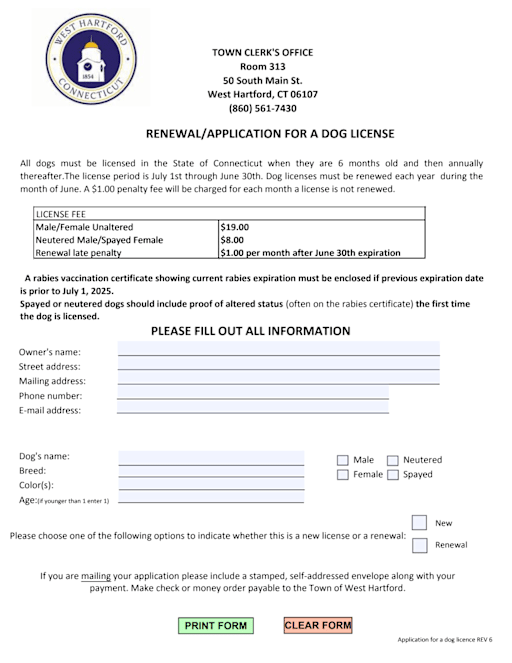 Dog Licenses Town Of West Hartford