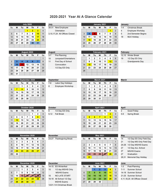 Year At A Glance Calendar Fellowship Christian School