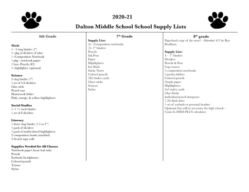Supply Lists Dalton Middle School