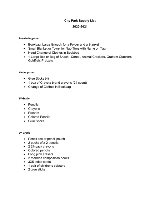 School Supply Lists City Park School