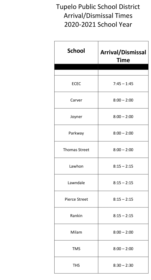 Arrival Dismissal Times Tupelo Public School District