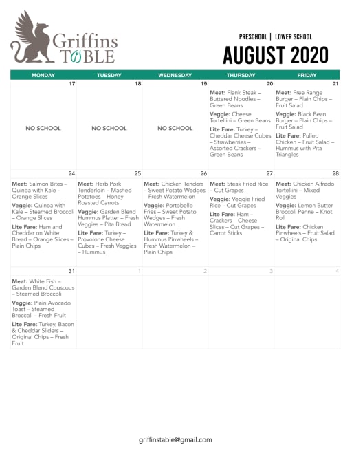 Preschool Lower School Menu Order Form Spartanburg Day School
