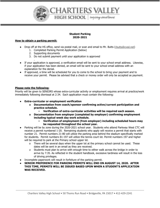 Parking Permit Chartiers Valley High School