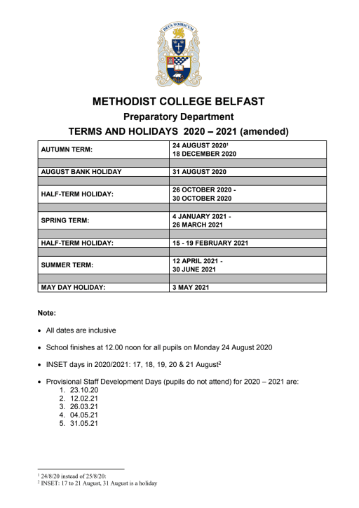 Prep Term Time Calendar Methodist College Belfast