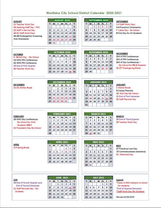 Westlake Elementary School Calendar