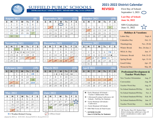2021 2022 School Calendar Suffield Public Schools
