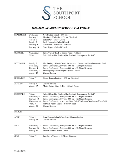 Academic Calendar | The Southport School